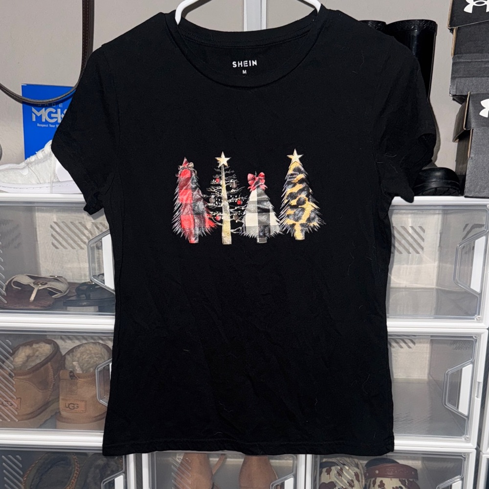 SHEIN Black Tee with Festive Tree Design